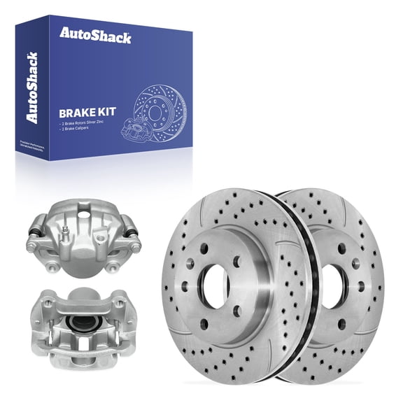 AutoShack Front Vented Drilled & Slotted Silver Zinc Coated Brake Rotors   Calipers 4-PC Brake Kit Replacement for 2015-2016 Buick LaCrosse 2011 Buick Regal SilverShield Pro 11.65" (296 mm)
