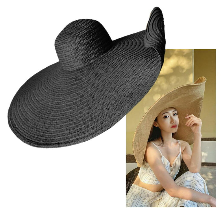 Oversized Wide Brim Beach Straw Hat Women Summer Packable Floppy Travel Sun  Hats Outdoor Sunscreen Basin Cap (Color : Khaki, Size : One Size)