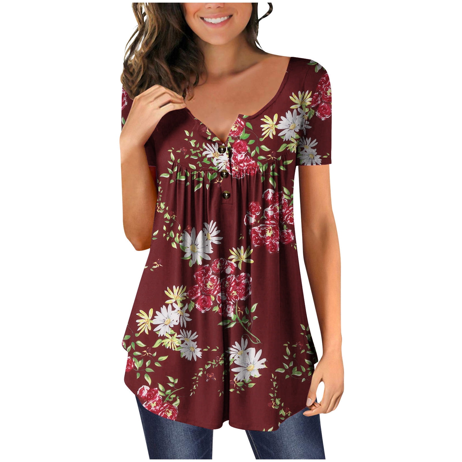 JWZUY Flowy Pleated Tunic Tops to Wear with Leggings Short Sleeve Flare ...
