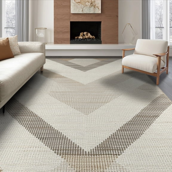 ODIKA 8'x10' Washable Area Rug Durable, Non-Slip Herringbone Vintage Diagonal Motif With Minimalist Farmhouse Accents for Living Room, Under Sectional, Family