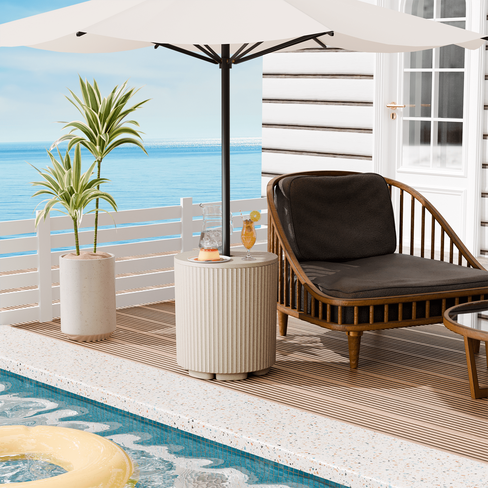 Chiccushion Umbrella Side Table, Patio Umbrella Base with 1.5 inch Hole, Fade & Scratch Resistant Lounger Table for Outdoor, Pool, Picnic, Beige