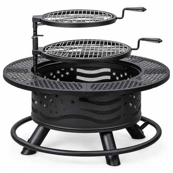 36" Outdoor Fire Pit with 2 Cooking Grates & Lid, Wood Burning BBQ Grill Firepit Bowl for Patio, Backyard, Bonfire, Picnic