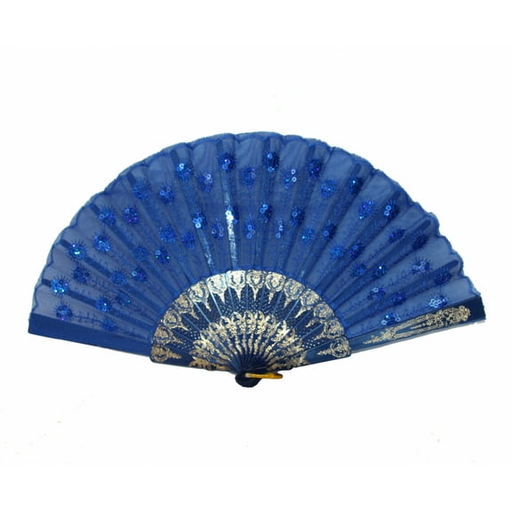 Colorful Peacock Pattern Sequin Fabric Hand Fan-blue