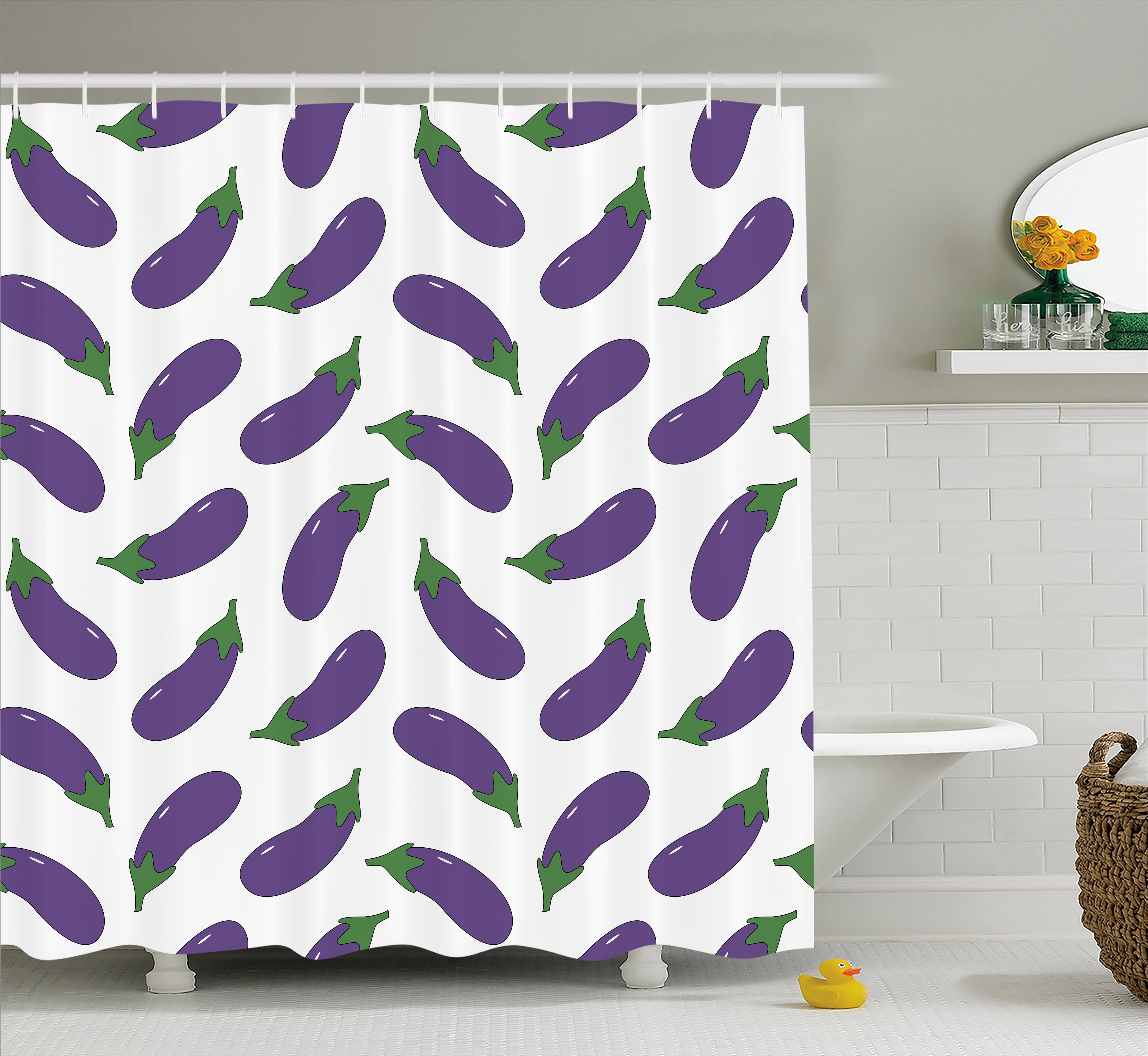 Eggplant Shower Curtain Yummy And Funny Eggplants Kid Friendly Drawing Nutritious Meals Vegan Natural Fabric Bathroom Set With Hooks 69w X 75l