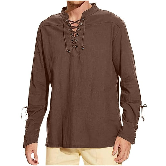DAFPZW Mens Cotton Linen Shirts Lace up Long Sleeve Shirt Casual Fashion V-Neck Beach Renaissance Hippie Tee Top