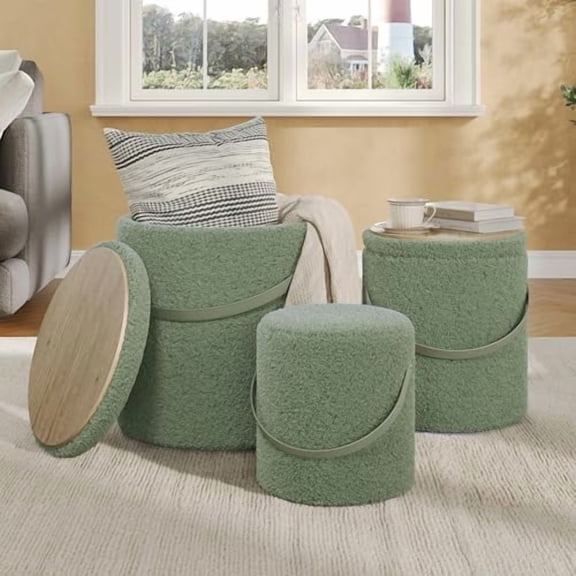 Round Ottoman with Storage Set of 3, Storage Ottoman for Dorm & Bedroom, Boucle Vanity Stool with Handle, Upholstered Foot Stools Ottoman for Living Room, Small Coffee Table, Green$$Furniture