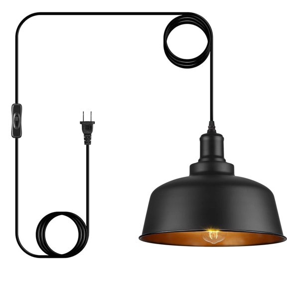 ArcoMead Black Pendant Light, Industrial Vintage Ceiling Light with Plug-in Cord and On/Off Switch, Semi Flush Hanging Ceiling Light Fixture for Kitchen Island, Barn, Dining Room, Living Room, Bedroom