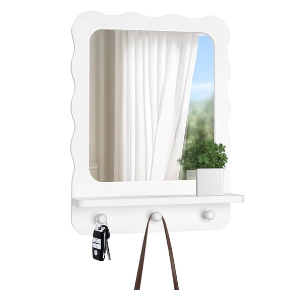 WormHome Wood Wall Mount Mirror with Shelf and 3 Hooks, 16 x 12 Inch Modern Scallop Decorative Entryway Mirror for Living Room, Bathroom, Bedroom, Vanity, White