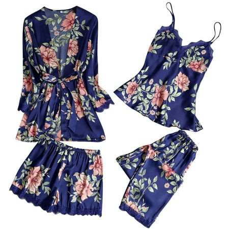 

Qcmgmg Women Lace 3 Piece Eyelash Loungewear Floral Cami Pants Set Pajamas Set L
