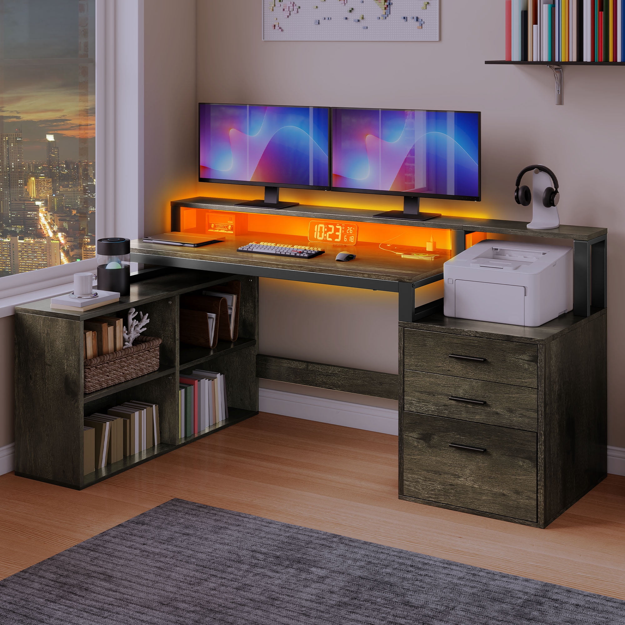 Uforic Computer Desk with LED Light, 65" L Shaped Desk with Shelves &Drawers, Home Office Desk, Gray