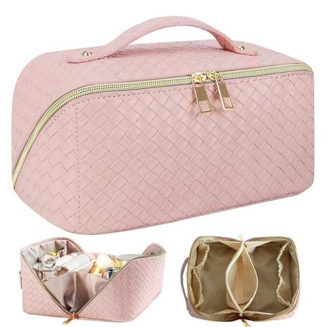 Cosmetiquera de Viaje de Gran Capacidad - Bolsa de Maquillaje de Cuero PU Impermeable con Asa y Separadores, Bolsa Organizadora de Cosmeticos, Neceser de Viaje para Mujer Portátil