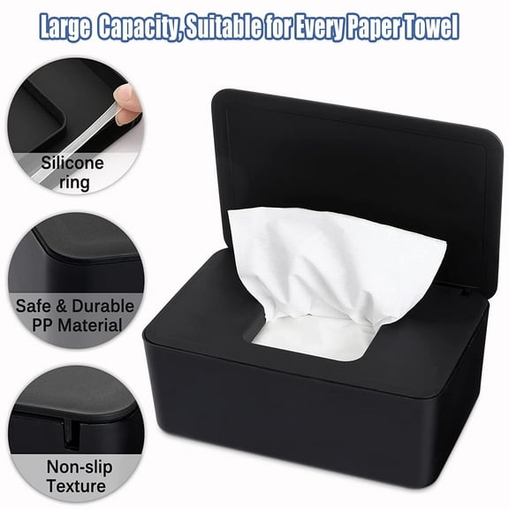Diaper Wipes Dispenser Baby Wipes Case, Baby Wipe Holder Keeps Wipes Fresh, Wet Wipe Dispenser Holder with Sealing Design for Living Room, Baby Nursery, Bedroom, Kitchen(Black)