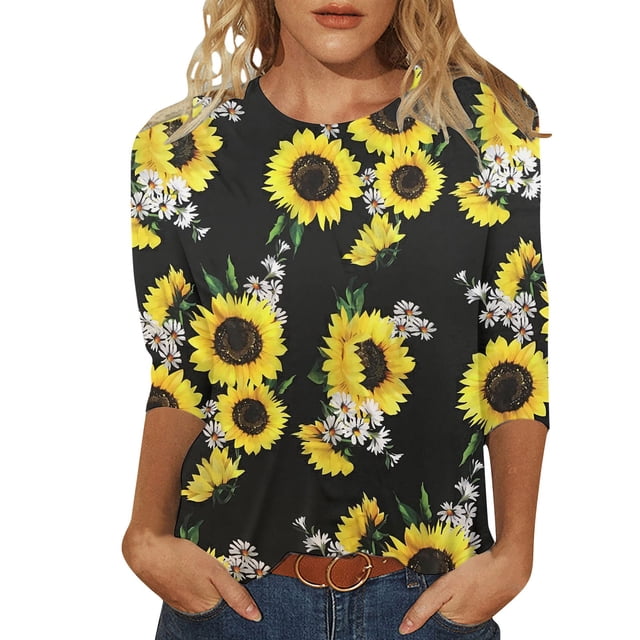 TSADFHJI Hauts pour Femmes Boutons d'Hiver Chandail-Over Manches 3/4 Chemise Décontractée Col Rond Imprimé Mode Blouse Légère m Jaune