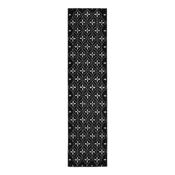 Pemberly Row Contemporary 8' Runner Black Ivory Fabric Area Rug