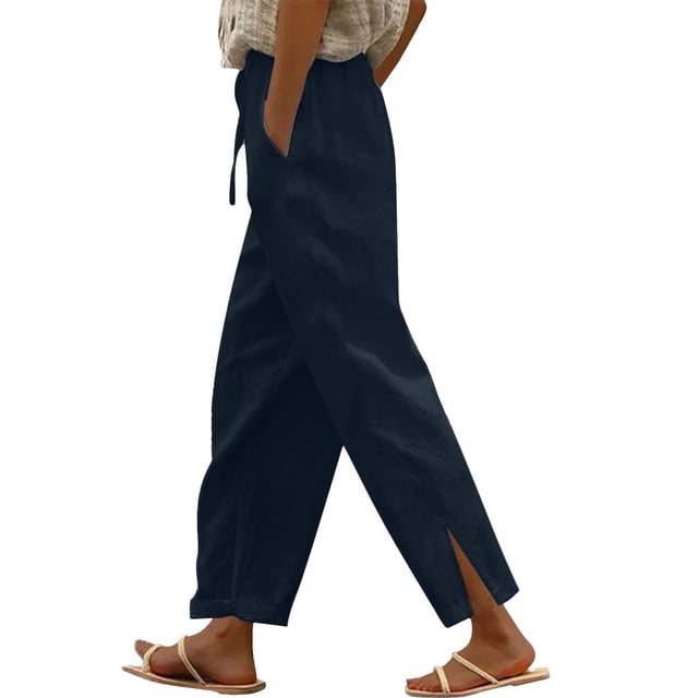 FNFYFH Clearance Cotton Linen Pants for Women Drawstring Elastic Waisted Pant Solid Trousers,Brown