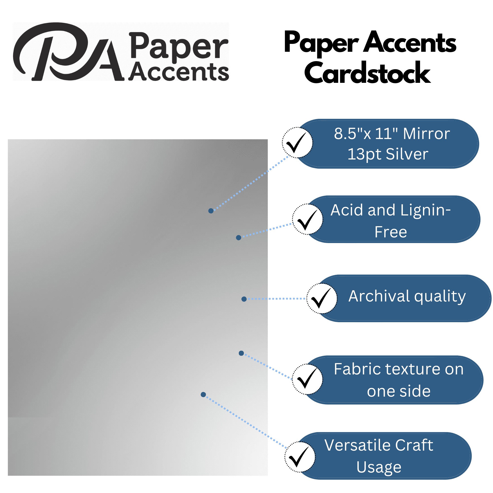 PA Paper Accents Mirror Cardstock 8.5" x 11" Silver, 13pt colored cardstock paper for card making, scrapbooking, printing, quilling and crafts, 25 piece pack