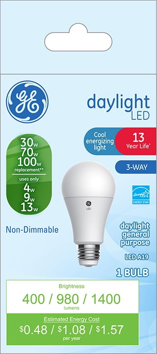 GE LED 4W/9W/13W (30W-70W-100W Equivalent) Daylight Color, 3-Way Light Bulb, Non-Dimmable, E26 Medium Base, 13 Year Life, 1pk
