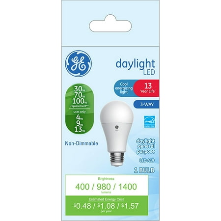 GE LED 4W/9W/13W (30W-70W-100W Equivalent) Daylight Color, 3-Way Light Bulb, Non-Dimmable, E26 Medium Base, 13 Year Life, 1pk