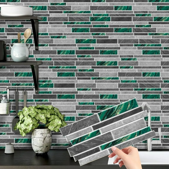 12Sheet Self Adhesive Tiles Stickers 9.68 x 4.72inch Green Green Marbling DIY Decals Waterproof Peel and Stick Kitchen Backsplash Mosaic Tile Wall