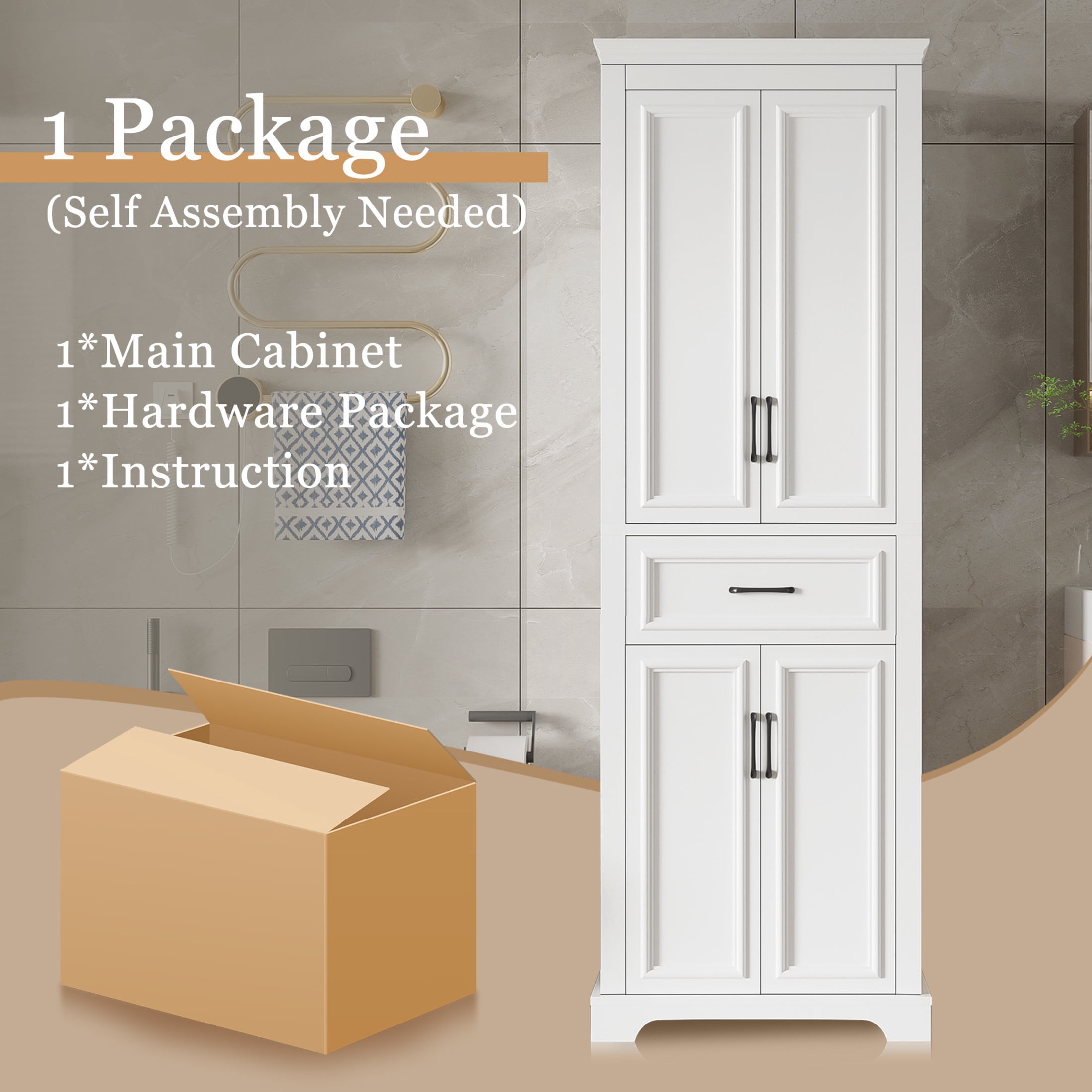 Noble House 70.8"H Freestanding Cabinet, 4 Doors 1 Drawer Space-Saving Storage with Adjustable Shelves, White