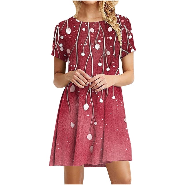 Vestido de Manga Corta para las Mujeres Casual Impreso Cuello Redondo, Vestido de las Señoras para la Primavera Y el Verano de Uso Diario