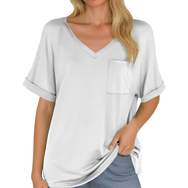 NINGMENG Womens Tops Solid Color V Neck Pocket Short Sleeve Loose Tops Pullover Tee Shirts Activewear,White,L