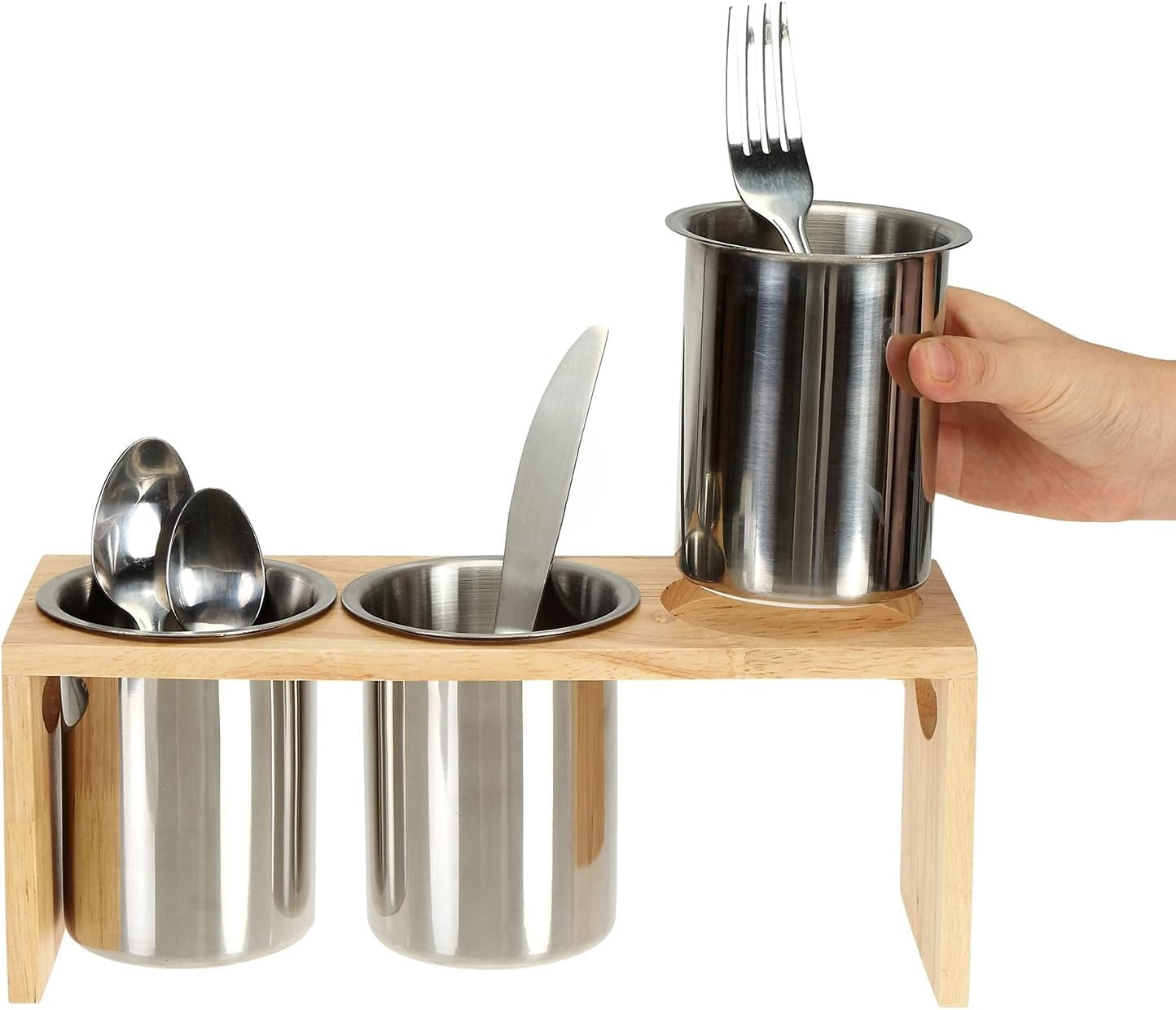 3 Pack Silverware Holder, Stainless Steel Utensil Organizer with Wood Base, Flatware Caddy for Spoons, Knives and Forks, Great for Kitchen Table, Cabinet, Pantry