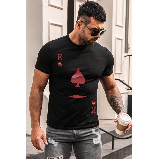 ABPHQTO Camiseta de manga corta con estampado de patrón de póquer negro para hombre