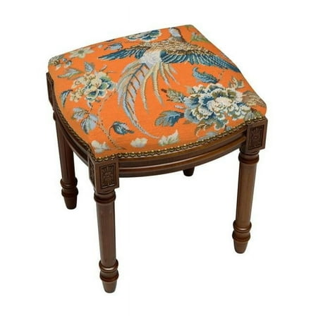 Bird Needlepoint Upholstered Vanity Stool, Wood Stain