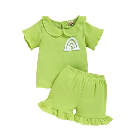 

MERSARIPHY Children Girls Clothes Set Rainbow Pattern Short Sleeve Doll Neck Ribbed Tops + Ruffled Elastic Waist Shorts