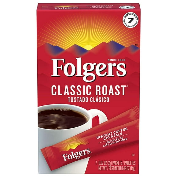 Folgers Classic Roast Instant Coffee Crystals, 7 Single Serve Packets 0.49 Oz (Pack of 12) On The Go