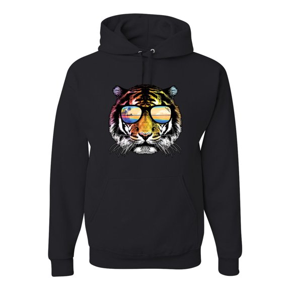Funny Neon Summer California Beach Tiger | Mens Animal Lover Hooded Sweatshirt Graphic Hoodie, Black, Small