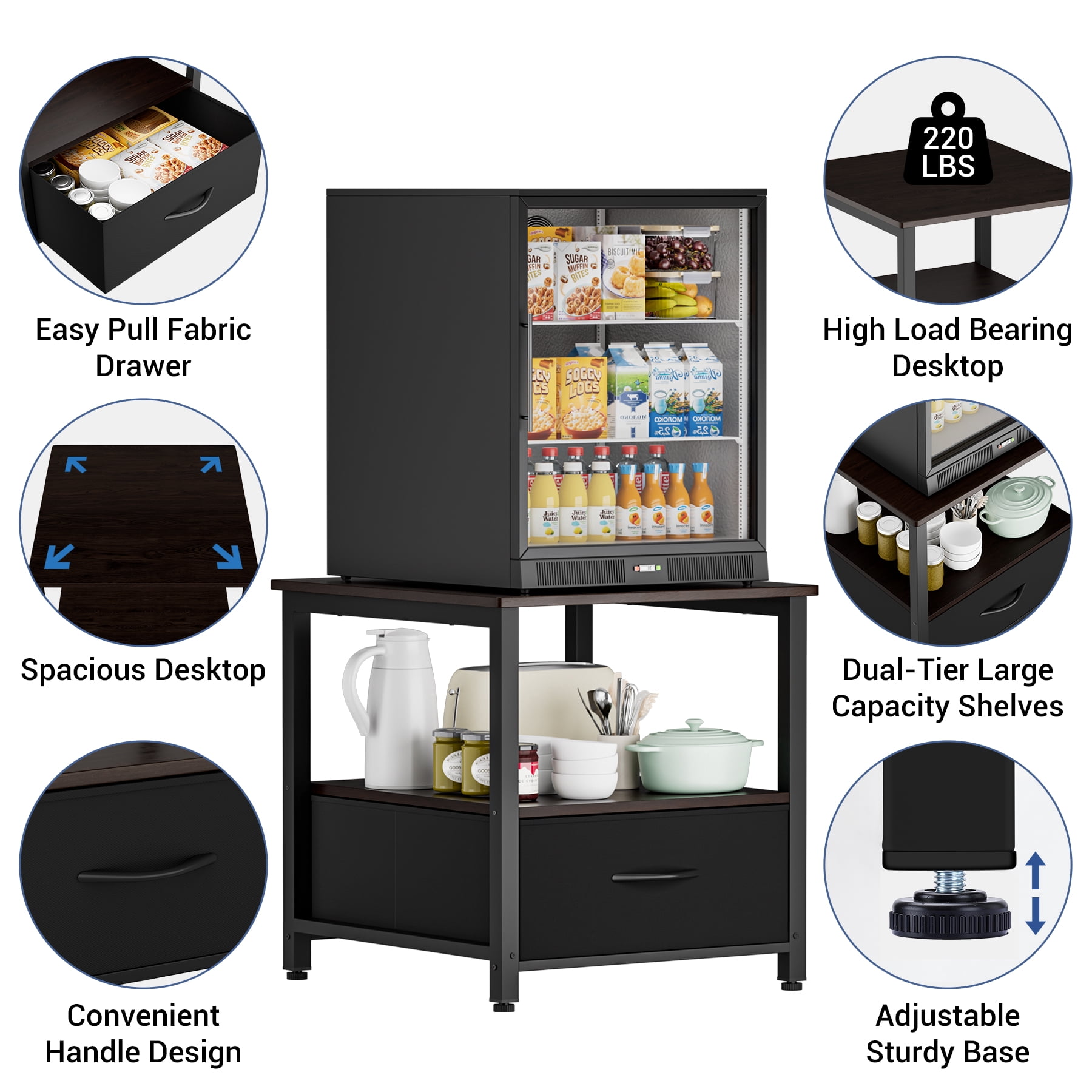 Mini Fridge Stand with Storage, Heavy Duty Mini Fridge Cabinet with Fabric Drawer, Wood Beverage Refrigerator Stand Table for Dorm, Office, Bedroom, Load 220LBS, Black Walnut