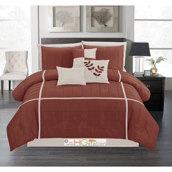 11-Pc Chic Sleek Pleated Comforter Curtain Set Square Checker Leaves Rust Orange Beige Ivory Queen