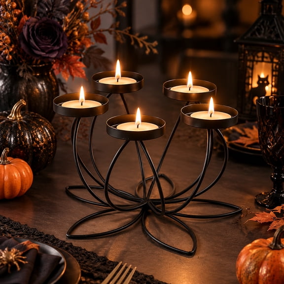 Aemutady Black Metal Candle Holder Centerpiece, 5 Cup Flower Votive Candelabra for Halloween Table Decor, Spooky Party Decoration, Fall Home Decor