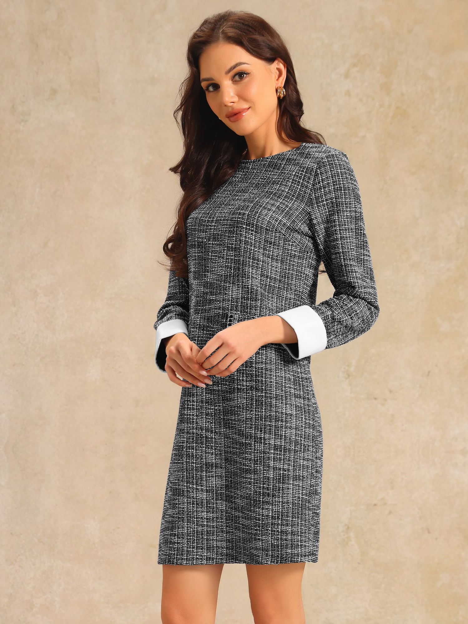 DARING DIVA Women's Tweed Formal Work Long Sleeve Sheath Dress S Black