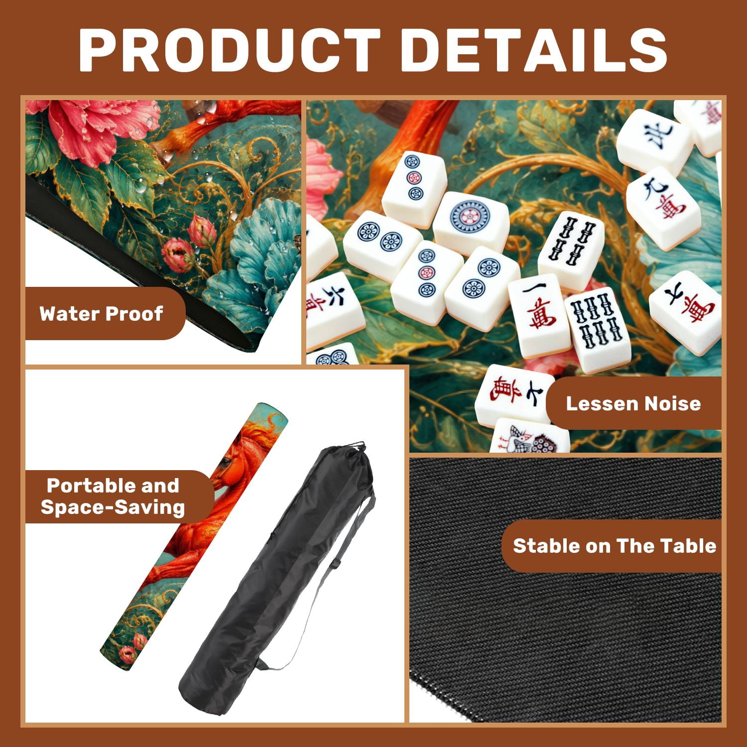 Mahjong Mat 31.5" x 31.5" Fiery Red Horse Flowing Mane Surrounded by Blue Floral Elements Bird Non-Slip Noise Reduction American Mahjong Tiles Table Cover for Dominoes Poker Card Board Games Gift
