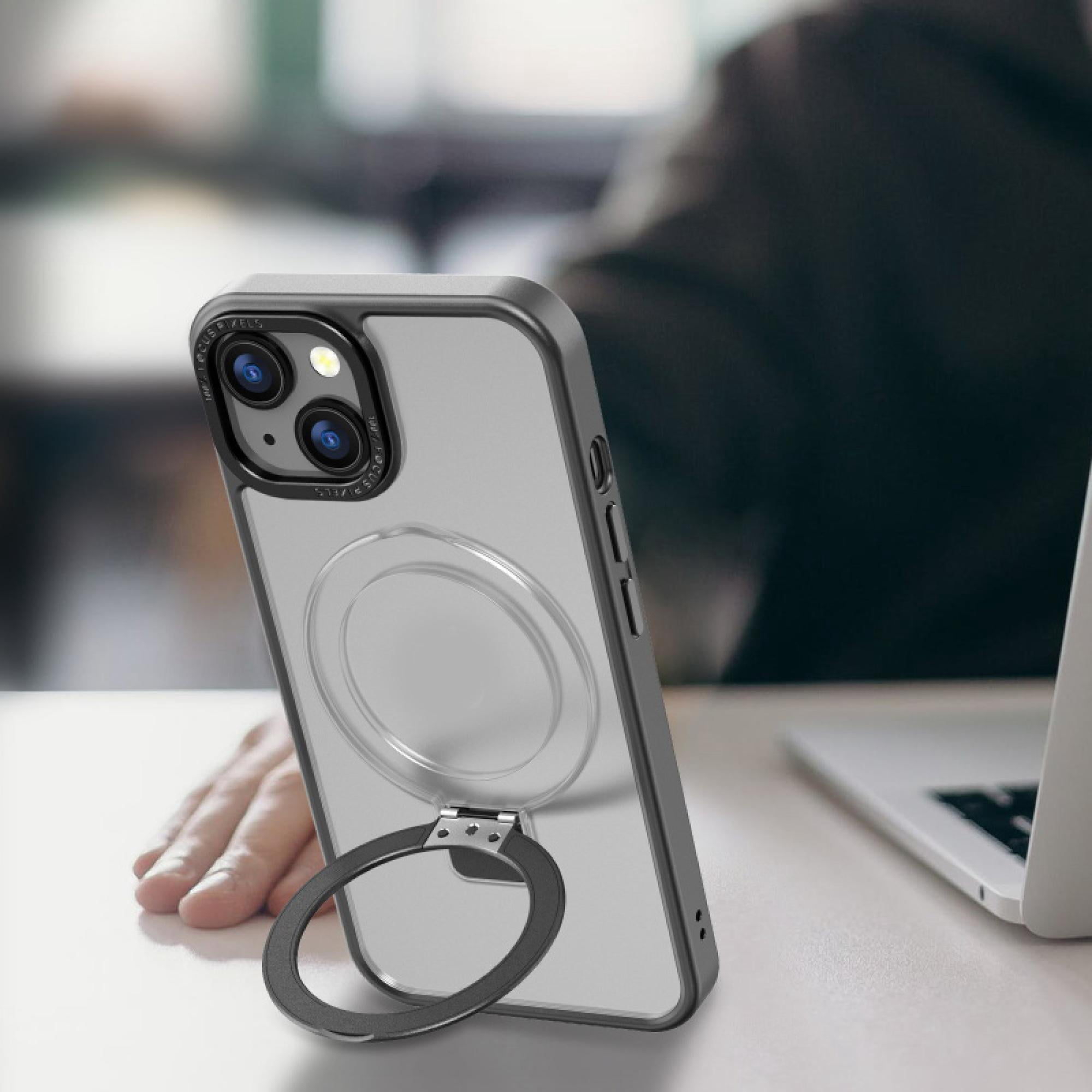 Magnetic Charging-Compatible Ring Stand Case for iPhone 16e / 14 / 13 (6.1") – Shade Series Dual-Layer Protective Cover, Black