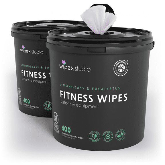 Wipex Fitness Equipment Cleaner Wipes, Lemongrass and Eucalyptus Scent, 2 Pack Case, 400 Count Buckets (800 Total Wipes), Large Gym Cleaning Wipes for Exercise Equipment and Fitness Centers
