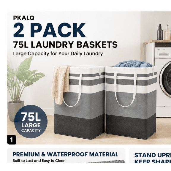 PKALQ 2 Pack Laundry Baskets, Collapsible Clothes Hamper, Freestanding Waterproof Dirty Clothes Hamper with Easy Carry Handles in Laundry Room, College Dorm, Bathroom, Bedroom 75L Gray