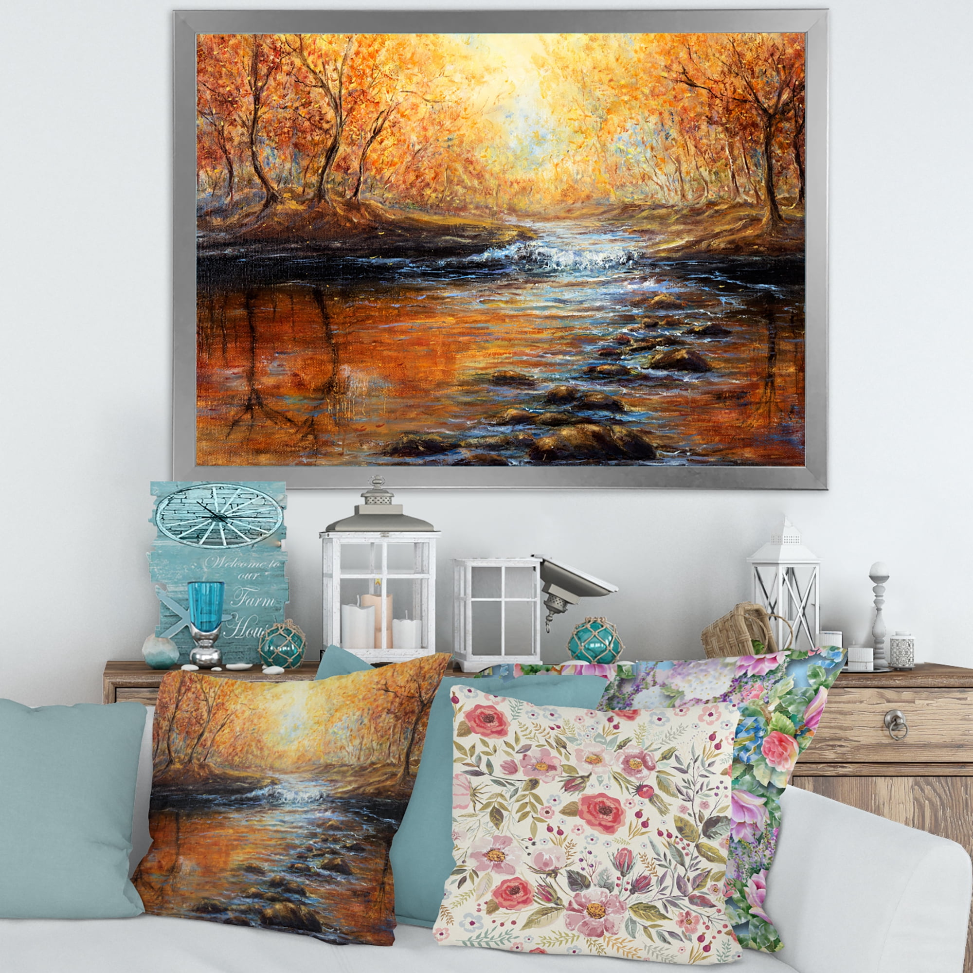 Designart 'Sunrise Glow In The Autumn Forest' Lake House Framed Art Print