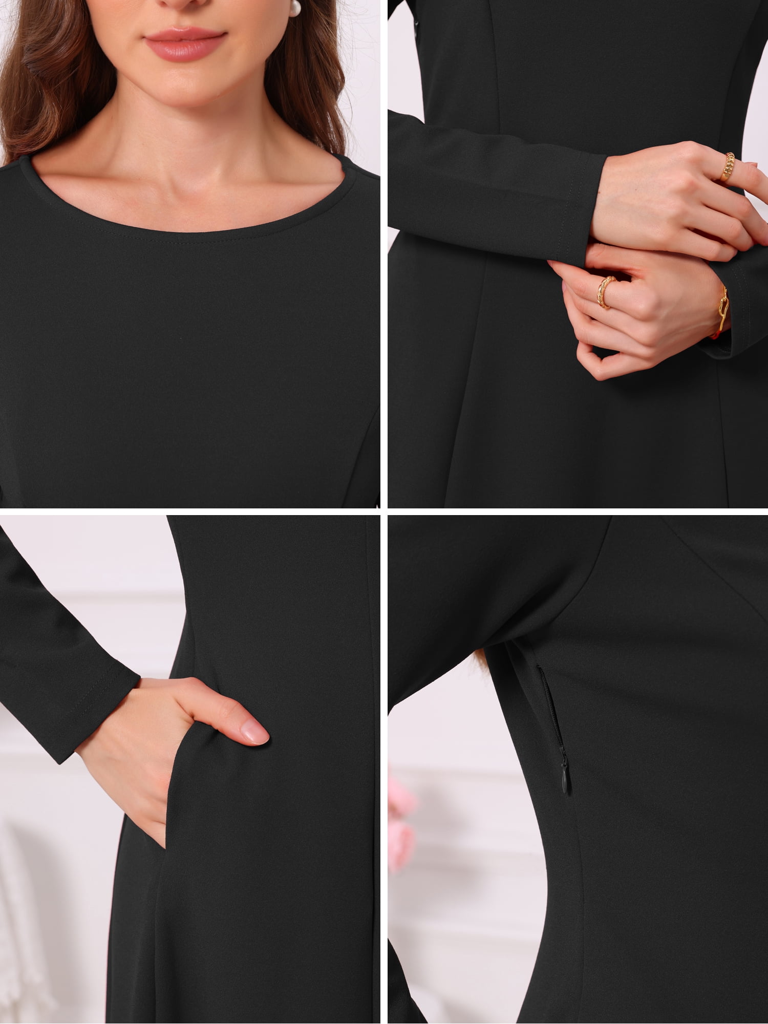 DARING DIVA Women's Long Sleeve Formal Crewneck A-Line Maxi Dress S Black