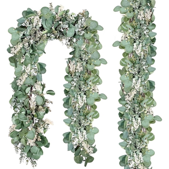 Scidweet 2 Pack Greenery Eucalyptus Garland, 13 ft Silver Dollar Leaves Boxwood with White Buds Artificial Faux Greenery Vines for Baby Shower Wedding Party Table Runner Room Home Mantle Decor