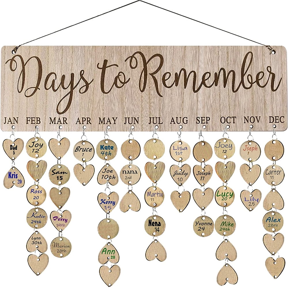 Family and Friends Birthday Hanging Calendar DIY Family Birthday Reminder Board with Tags Hearts Wooden Celebration Organizer Plaque Unique Gift for Grandparent Mom Home Classroom Office Decoration