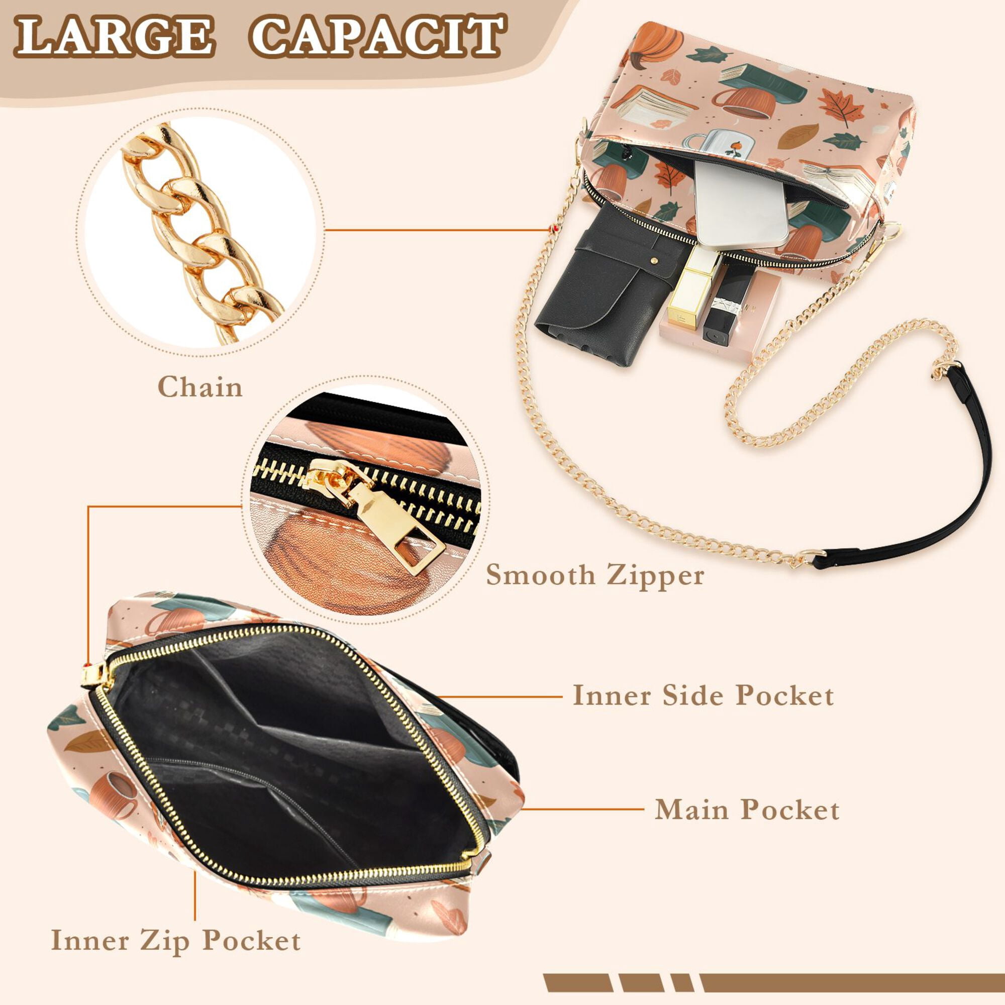 FORMRS Women Crossbody Purse with Chain Strap Vegan Leather Shoulder Handbag, Pink Fall Coffee