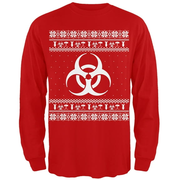Biohazard Symbol Ugly Christmas Sweater Red Adult Long Sleeve T-Shirt - Small