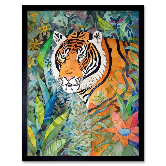 Jungle Tiger Flowers Leaves Folk Art Art Print Framed Poster Wall Decor 12x16 inch