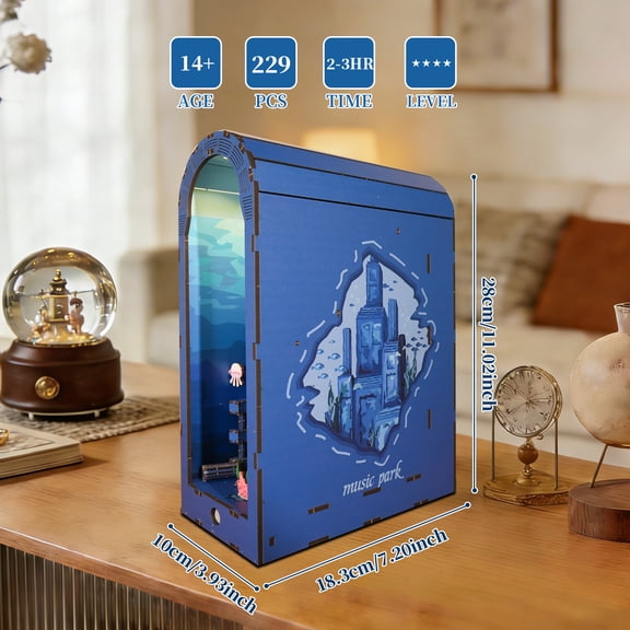 Book Nook 3D Wooden Puzzle for Adults DIY Atlantis Underwater City with Sensor Light Bookshelf Decor Birthday Christmas Gift