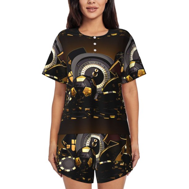 Balery Casino Cards Conjunto de Pijama para Mujer con Estampado, Dos Piezas de Manga Corta y Shorts, Ropa de Dormir Suave con Cuello Redondo y Bolsillos-4X-Large