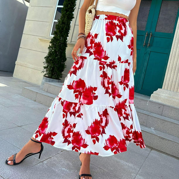 Summer High Waist Boho Print Pleated Skirt Casual Flowy A Line Beach Long Skirts Red XL - Walmart.com